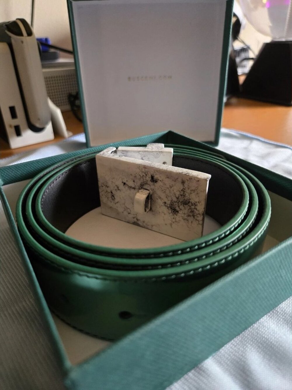 Buscemi Marble Buckle Belt Green Leather Sz 42
